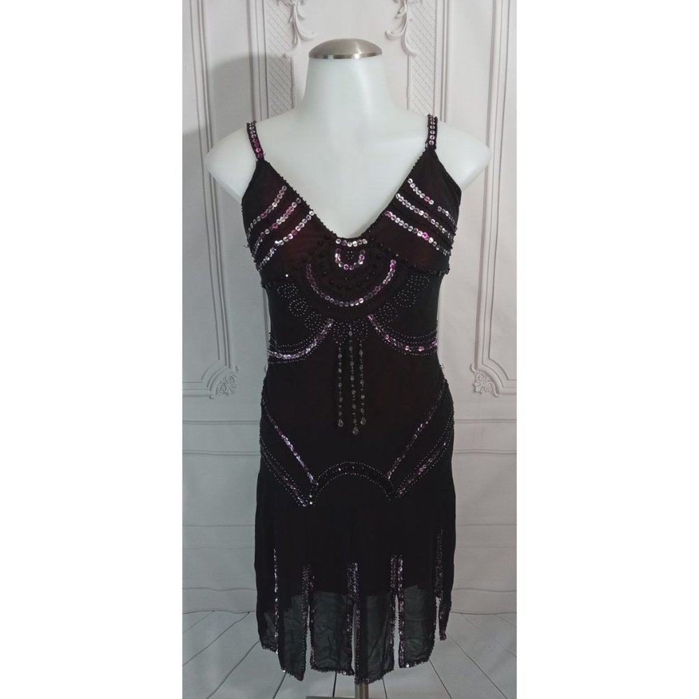 SOLD!!! Sue Wong Vintage Silk Black Pink Beaded Sequin Slip Dress - Picture 1 of 9